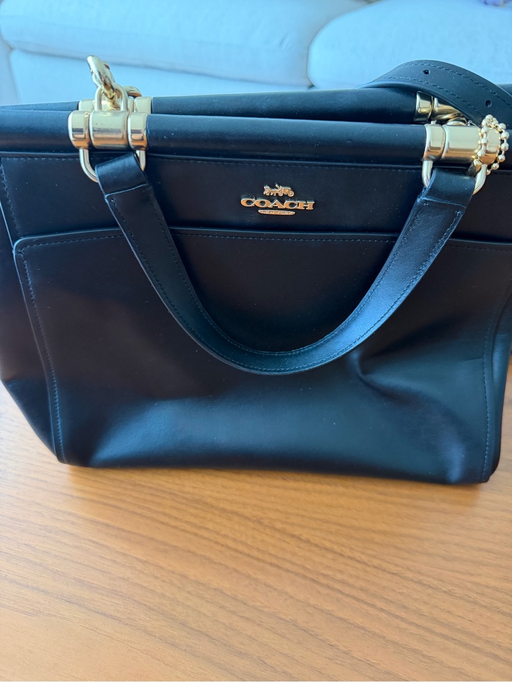 Coach Black Leather Tote with Gold Accents